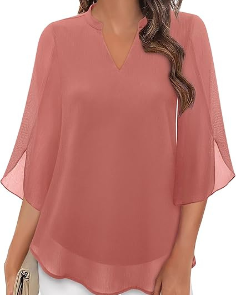 Damen Bluse Elegant | Lockere Tunika mit 3/4-Ärmeln und V-Ausschnitt