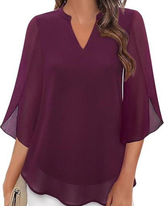 Damen Bluse Elegant | Lockere Tunika mit 3/4-Ärmeln und V-Ausschnitt