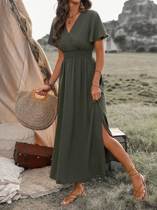 V-Ausschnitt Maxikleid mit Gesmokter Taille für Damen