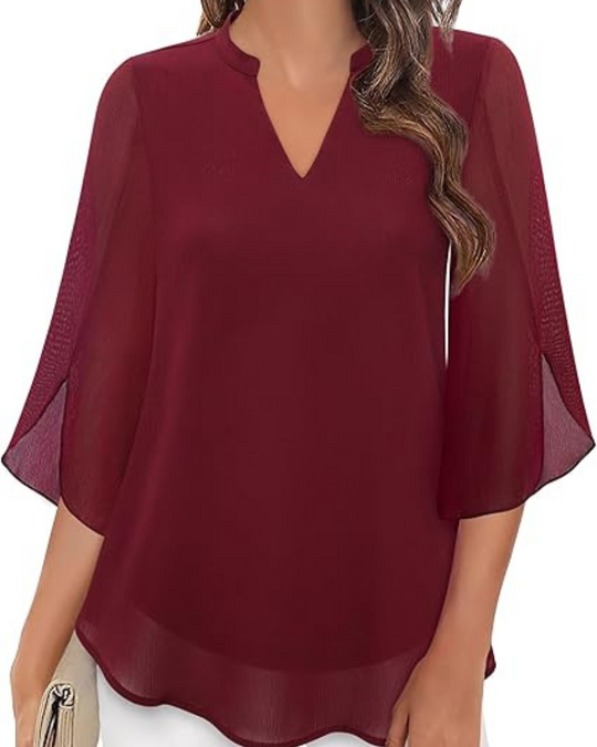 Damen Bluse Elegant | Lockere Tunika mit 3/4-Ärmeln und V-Ausschnitt