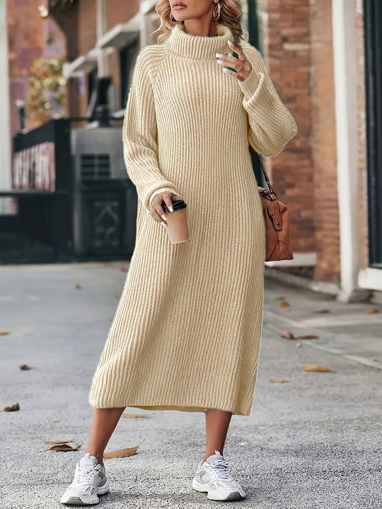 Damen Midi-Strickkleid | Hoher Kragen und Langarm