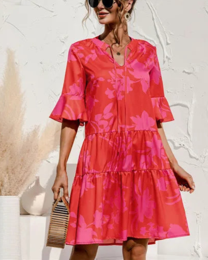 Damen Sommerkleid Kurzarm | Freizeitkleid mit Stufenschnitt und V-Ausschnitt