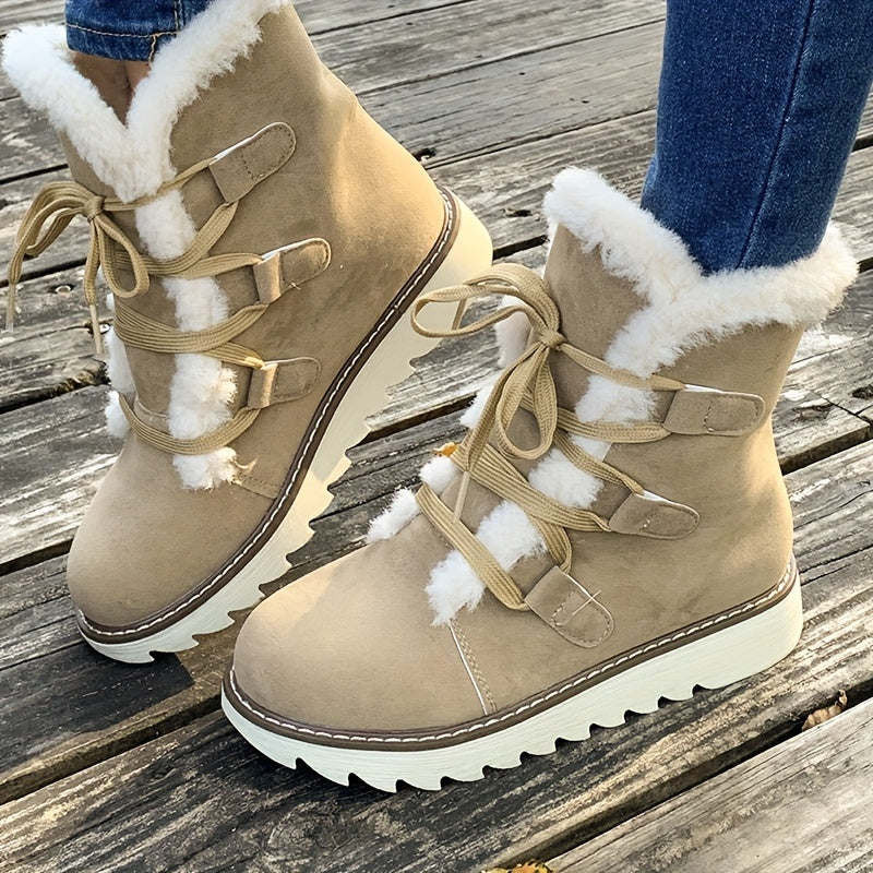 Winterschuhe Damen| Schnürung Mit Runder Kappe Und Plateau Stiefel