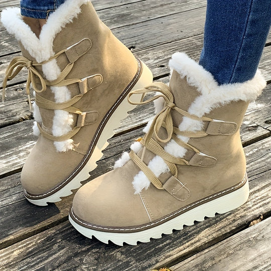Winterschuhe Damen| Schnürung Mit Runder Kappe Und Plateau Stiefel