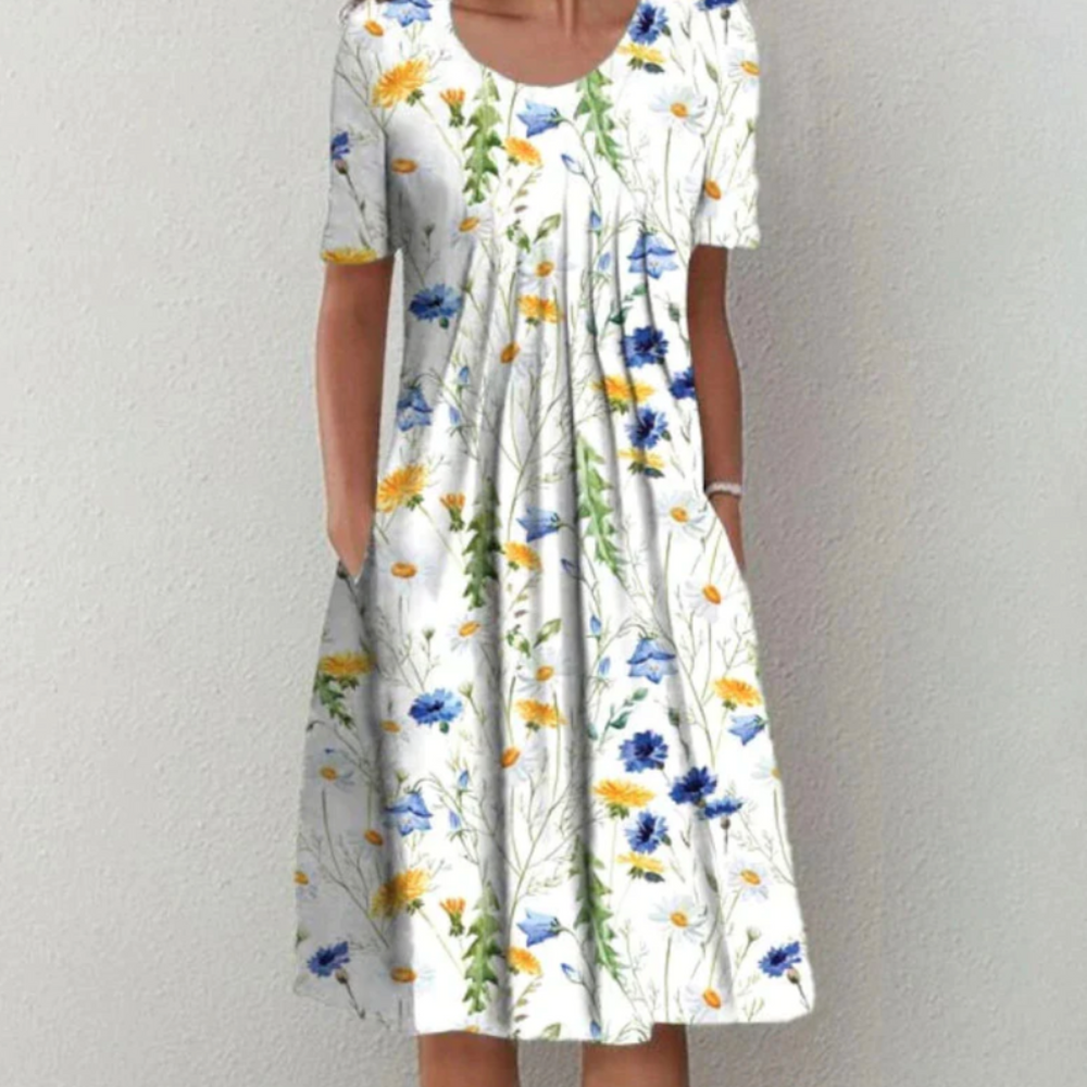 Damen Sommerkleid Casual | Midikleid mit Faltenwurf und Taschen