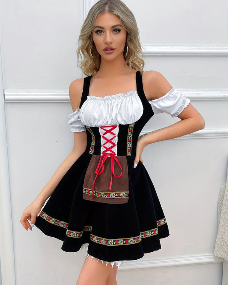 Damen Elegantes Schulterfreies Dirndl Kleid | Oktoberfest Trachtenkleid
