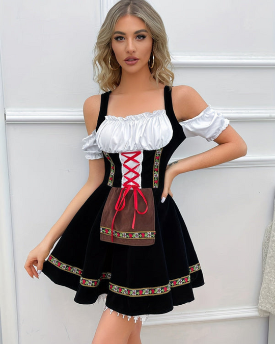 Damen Elegantes Schulterfreies Dirndl Kleid | Oktoberfest Trachtenkleid