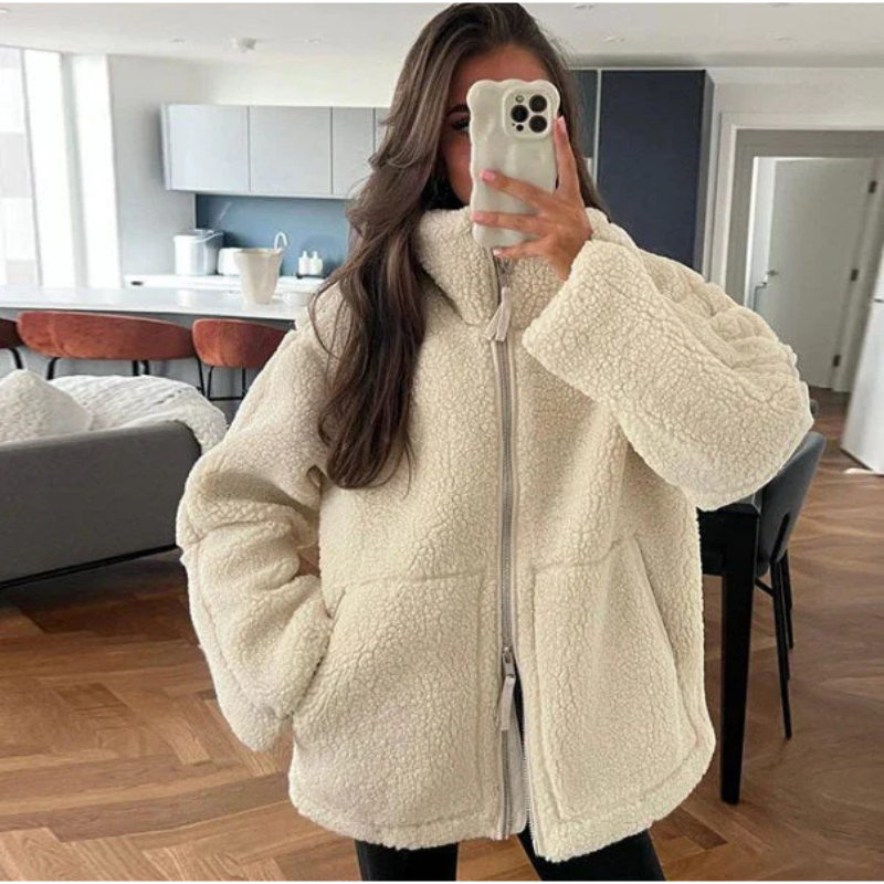 Kuschelige Teddy Damen Jacke | Fleecejacke Mit Stehkragen Für Winter
