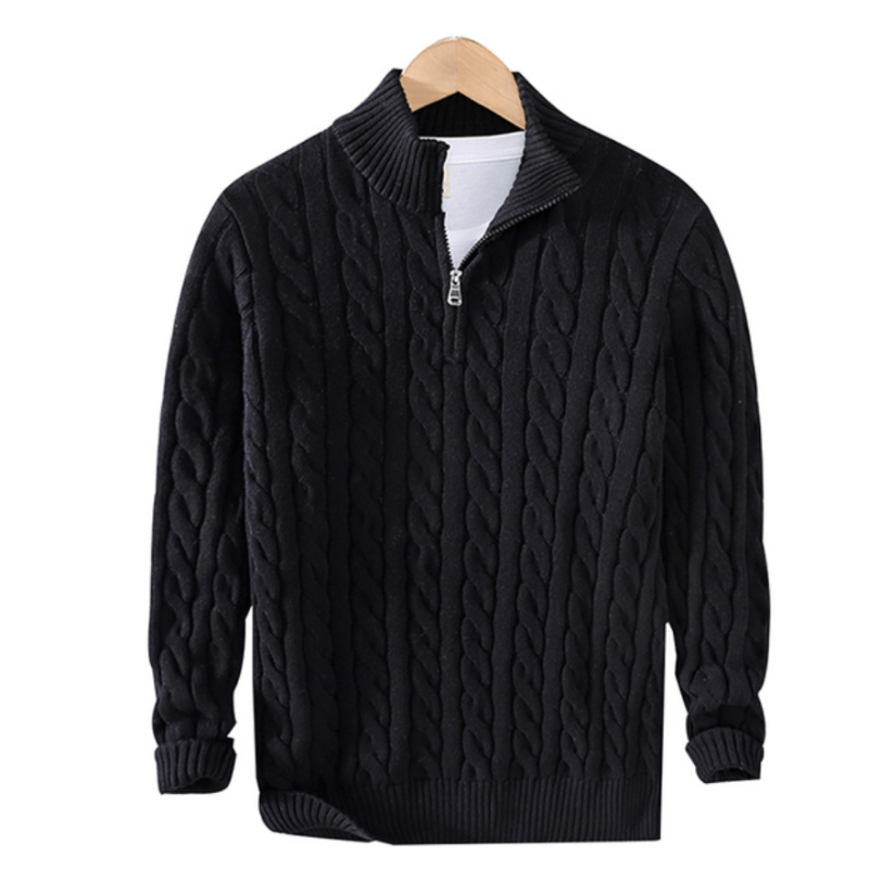 Herren Strickpullover mit Zopfmuster | Halbzip Rollkragen