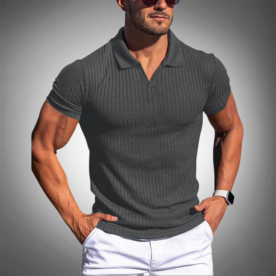 Muskelbetontes V-Ausschnitt Strick-Poloshirt für Herren