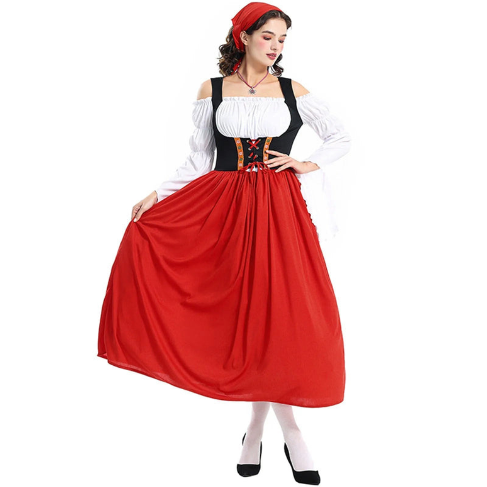Damen Elegantes Schulterfreies Dirndl Kleid | Lang