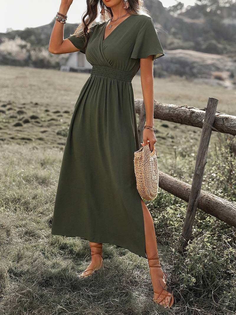 V-Ausschnitt Maxikleid mit Gesmokter Taille für Damen