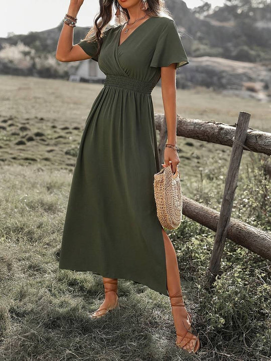 V-Ausschnitt Maxikleid mit Gesmokter Taille für Damen
