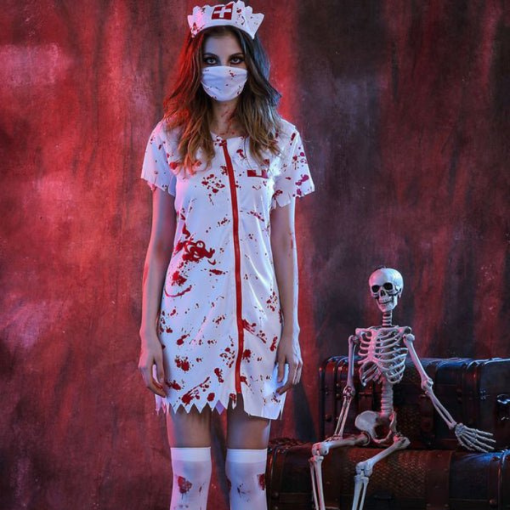 Damen Halloween Kostümkleid | Kurzarm Kleid mit Reißverschluss und Blutfleckendesign