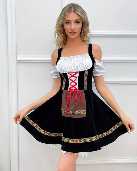 Damen Elegantes Schulterfreies Dirndl Kleid | Oktoberfest Trachtenkleid