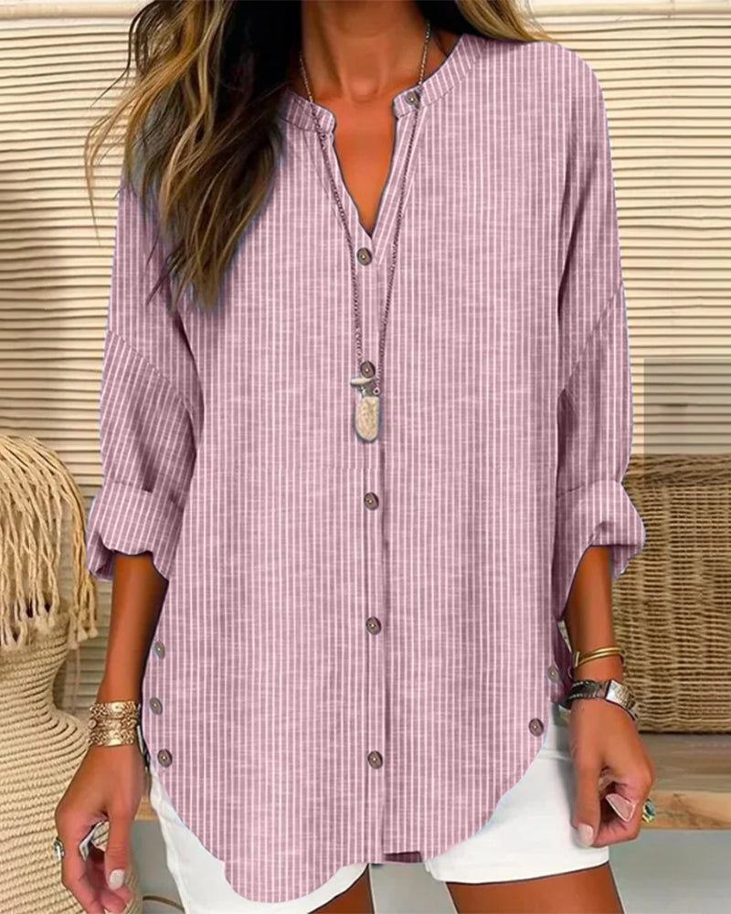 Rundhalsausschnitt Gestreiftes Shirt mit Knöpfen für Damen
