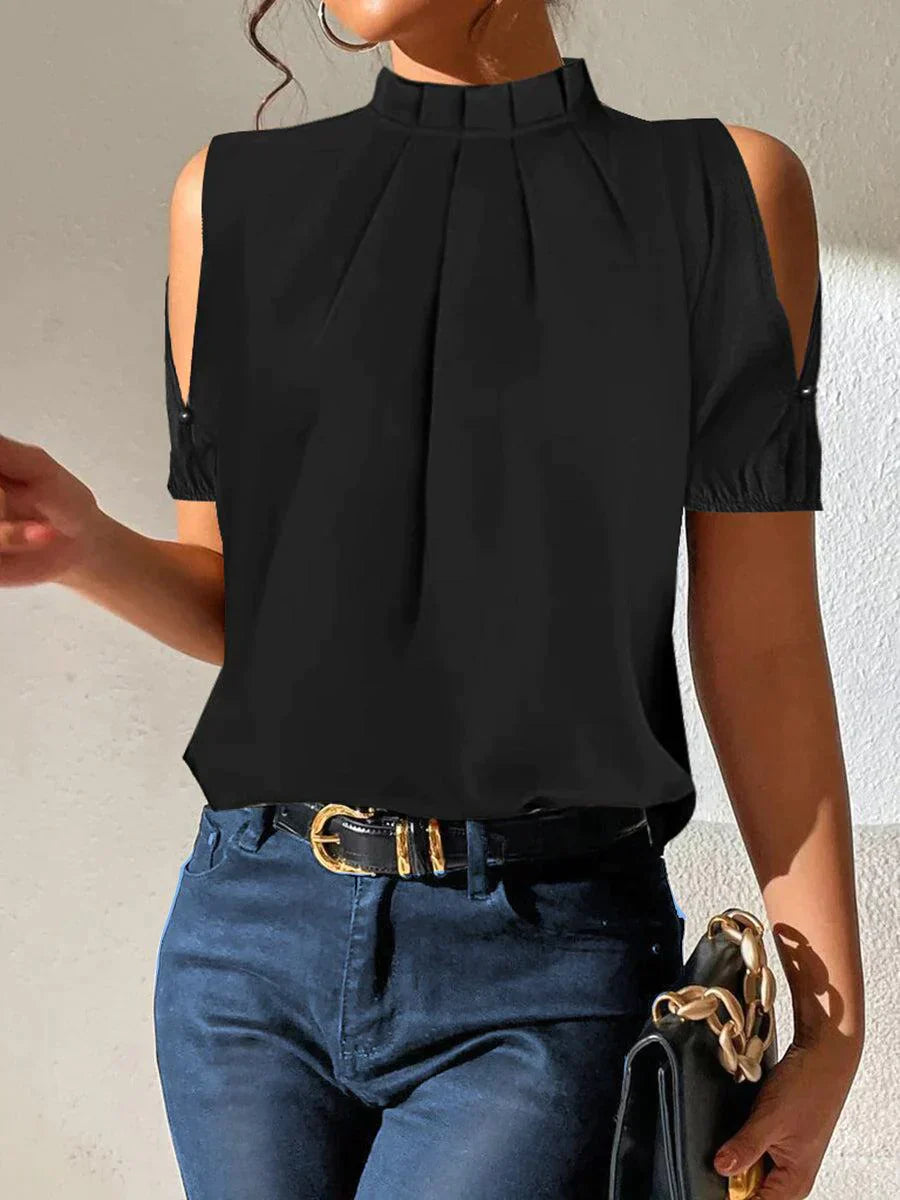 Schwarze Hohem Kragen Falten Bluse für Damen