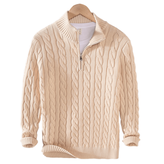 Herren Strickpullover mit Zopfmuster | Halbzip Rollkragen