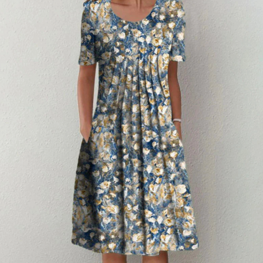 Damen Sommerkleid Casual | Midikleid mit Faltenwurf und Taschen