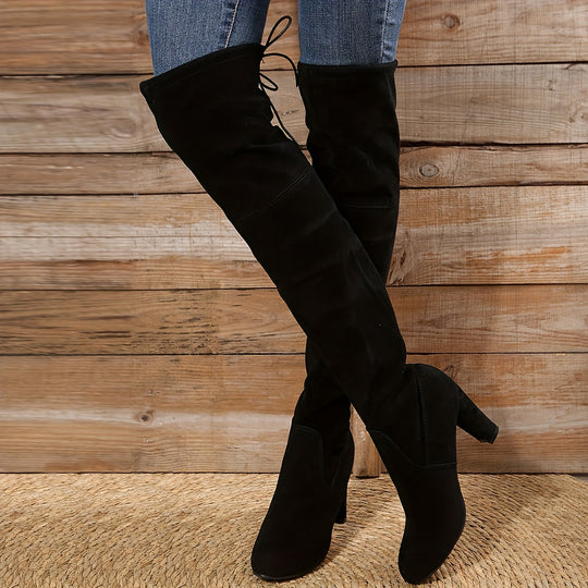 Overknee Stiefel Damen | Slip-On mit Bindung und Blockabsatz