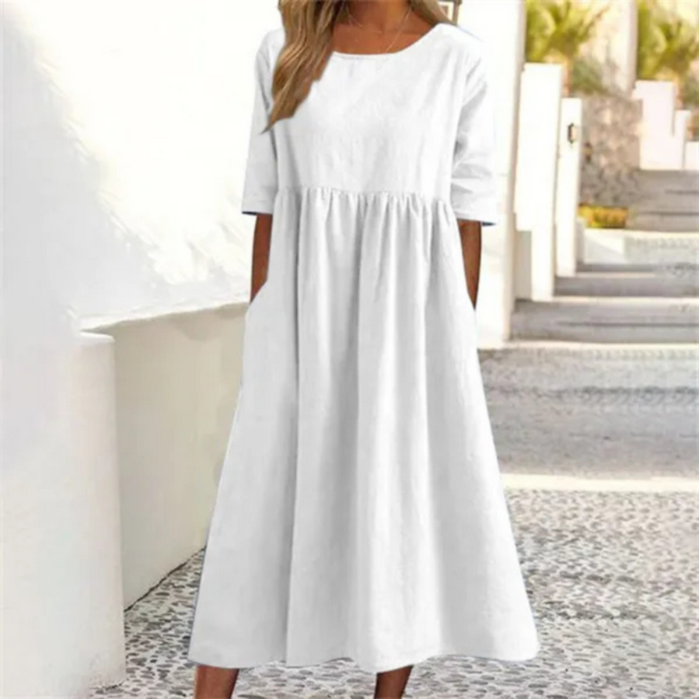 Damen Sommerkleid Locker | Midikleid mit Halbarm und Rundhals-Ausschnitt