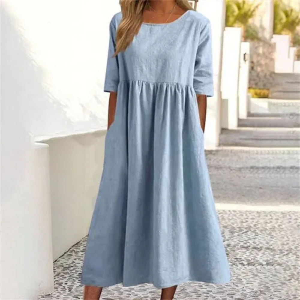 Damen Sommerkleid Locker | Midikleid mit Halbarm und Rundhals-Ausschnitt