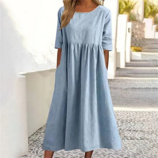 Damen Sommerkleid Locker | Midikleid mit Halbarm und Rundhals-Ausschnitt