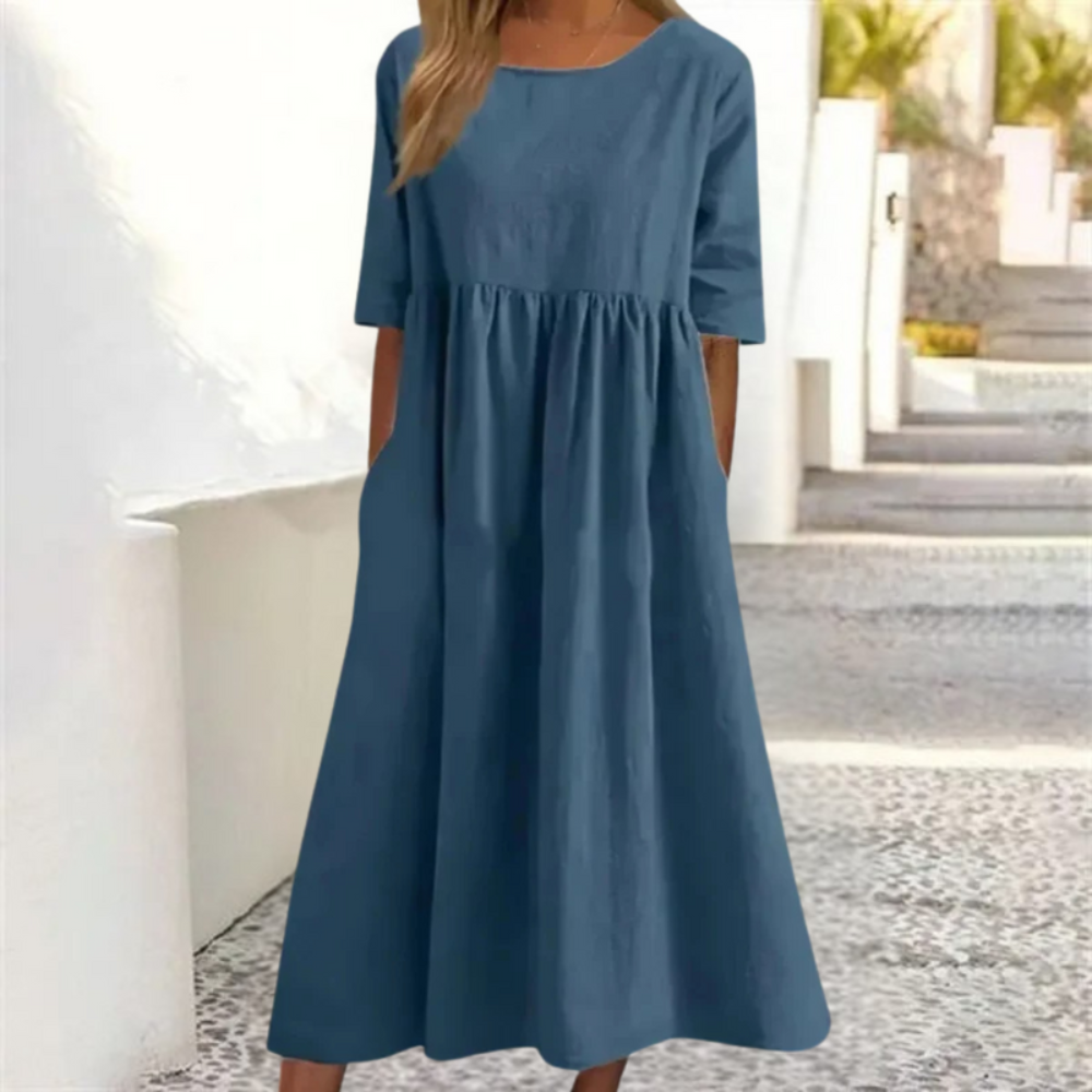 Damen Sommerkleid Locker | Midikleid mit Halbarm und Rundhals-Ausschnitt