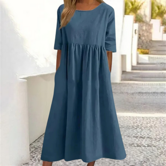 Damen Sommerkleid Locker | Midikleid mit Halbarm und Rundhals-Ausschnitt