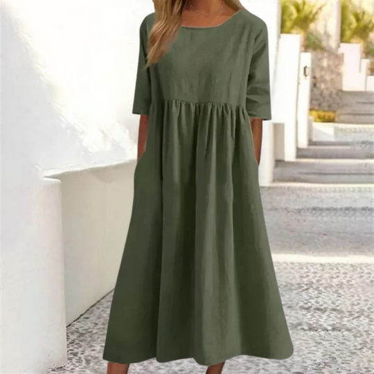 Damen Sommerkleid Locker | Midikleid mit Halbarm und Rundhals-Ausschnitt