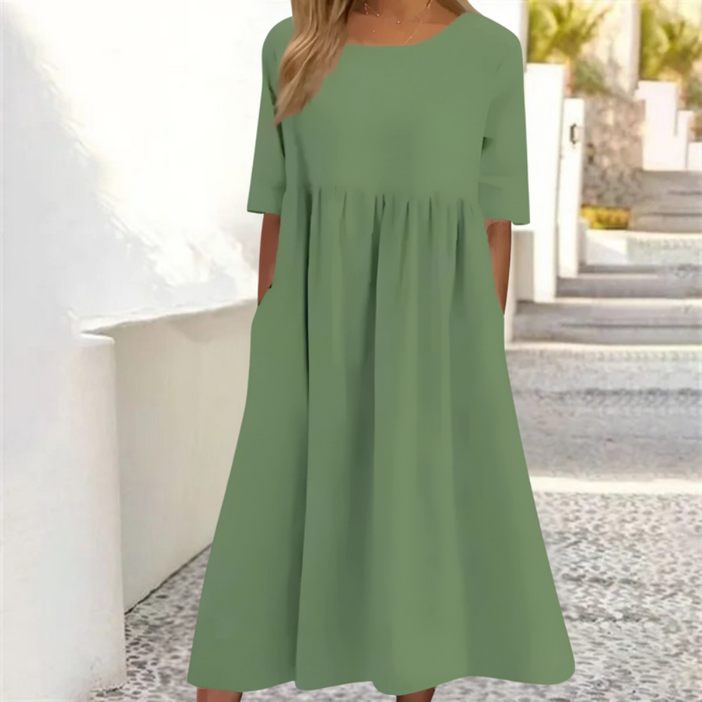 Damen Sommerkleid Locker | Midikleid mit Halbarm und Rundhals-Ausschnitt