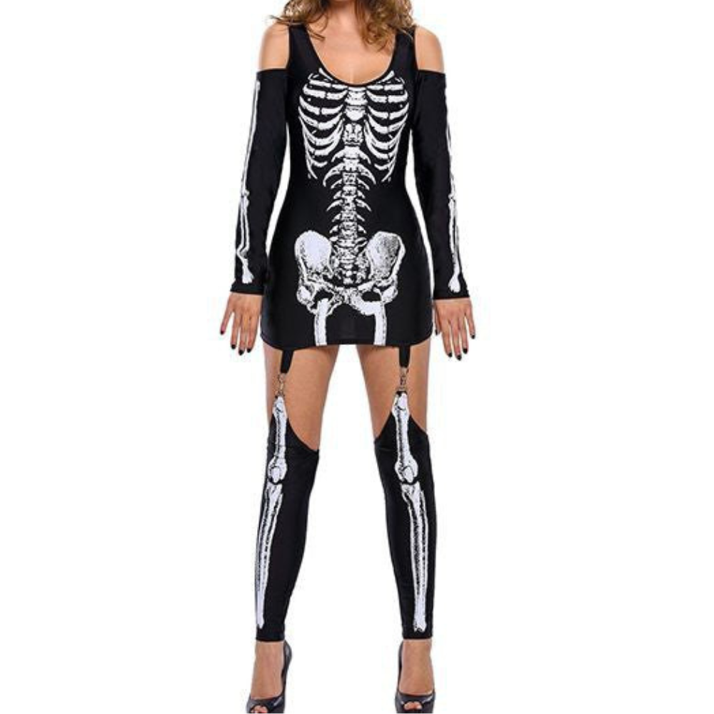Damen Halloween-Kostüm Set mit Skelett-Print | Schulterfrei & Leggings