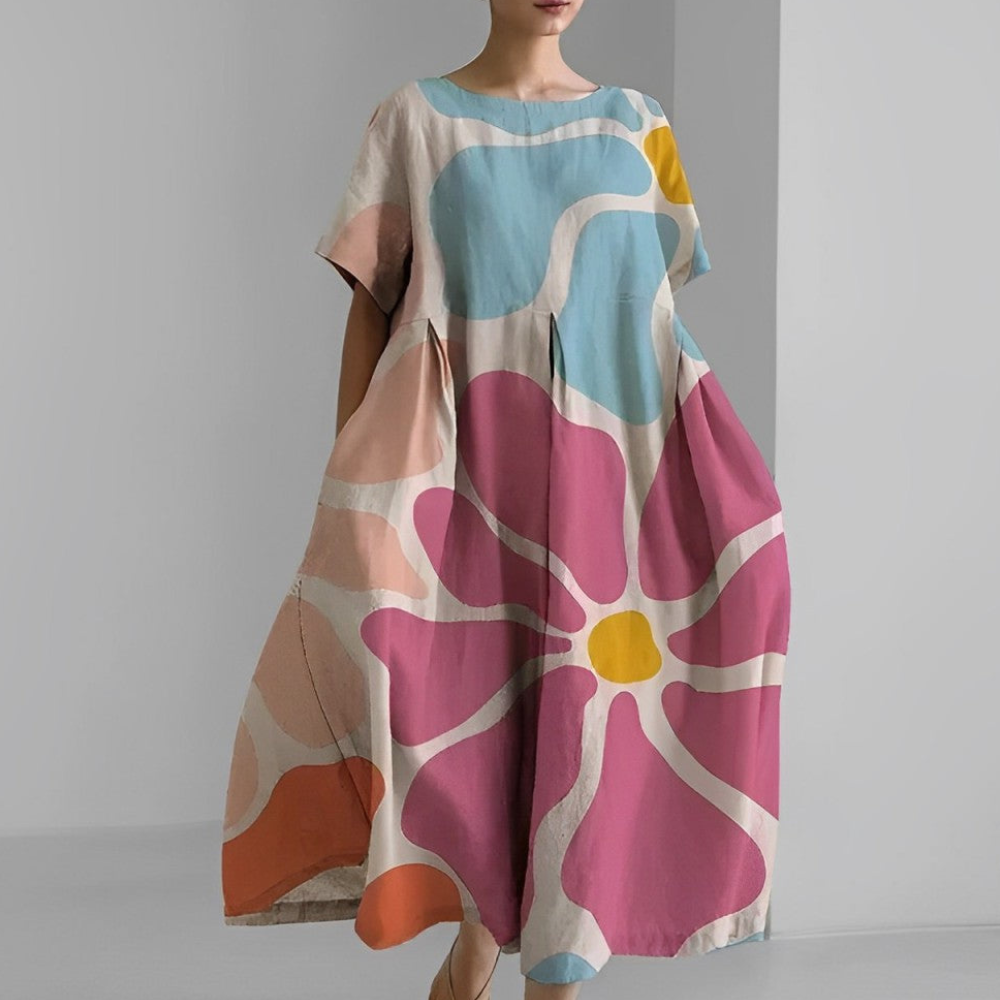 Damen Weit Geschnitten Maxikleid | Kleid mit Bunter Blumen-Print und Kurzarm
