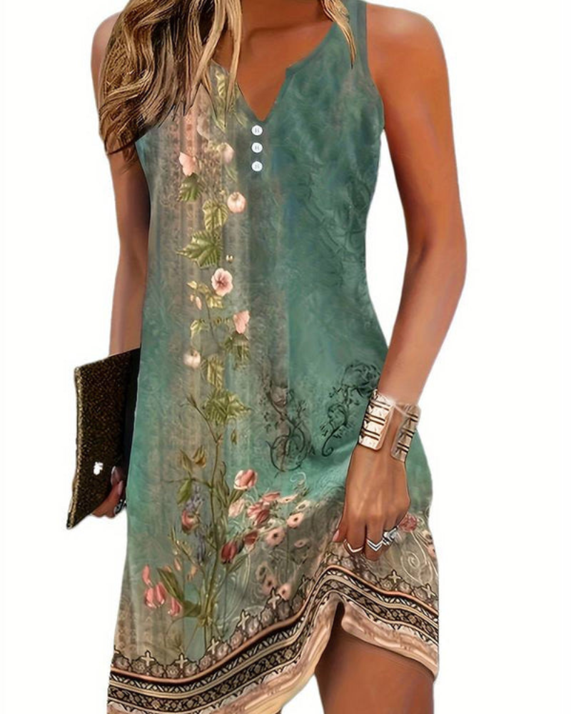 Damen Sommerkleid Elegant | Ärmelloses Strandkleid mit Zierknöpfen