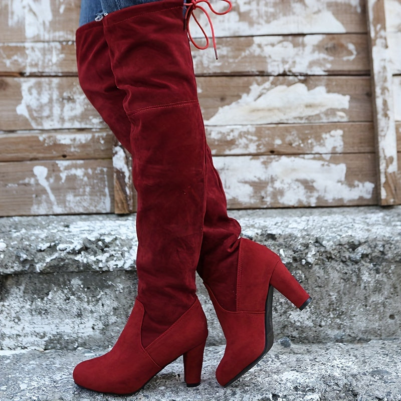 Overknee Stiefel Damen | Slip-On mit Bindung und Blockabsatz