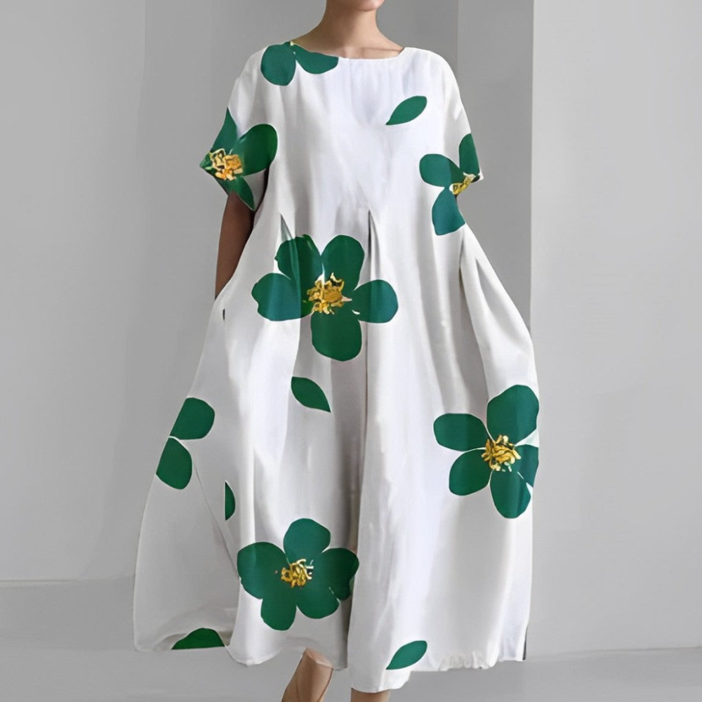 Damen Weit Geschnitten Maxikleid | Kleid mit Bunter Blumen-Print und Kurzarm