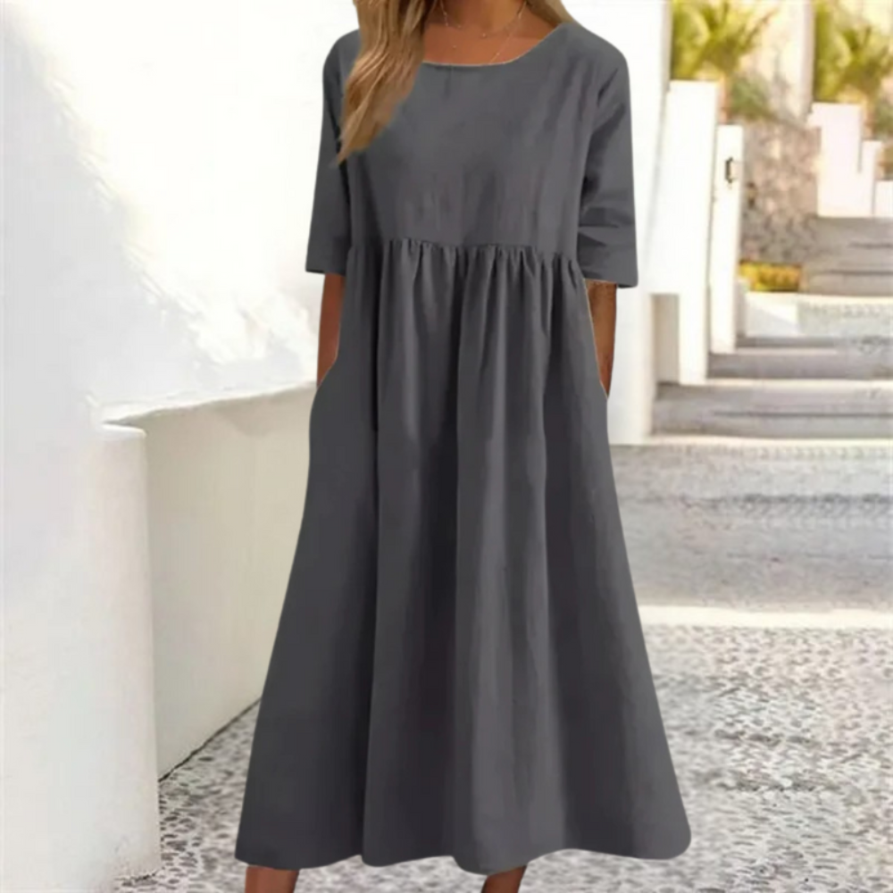 Damen Sommerkleid Locker | Midikleid mit Halbarm und Rundhals-Ausschnitt