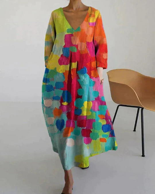 Damen Maxikleid mit V-Ausschnitt | Buntes Freizeitkleid mit 3/4 Ärmeln