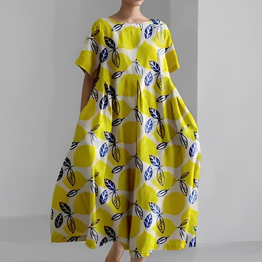Damen Weit Geschnitten Maxikleid | Kleid mit Bunter Blumen-Print und Kurzarm