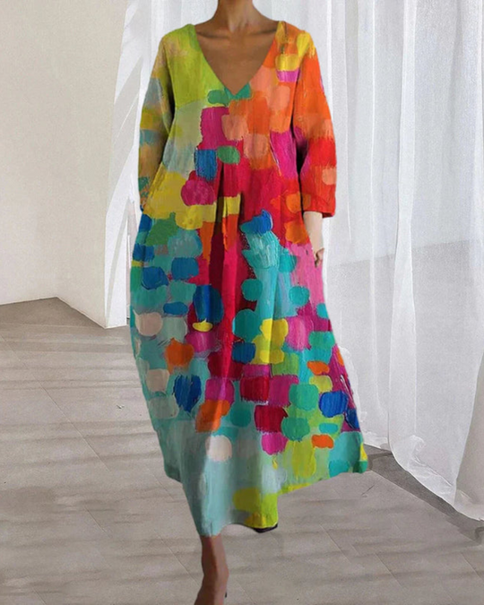 Damen Maxikleid mit V-Ausschnitt | Buntes Freizeitkleid mit 3/4 Ärmeln