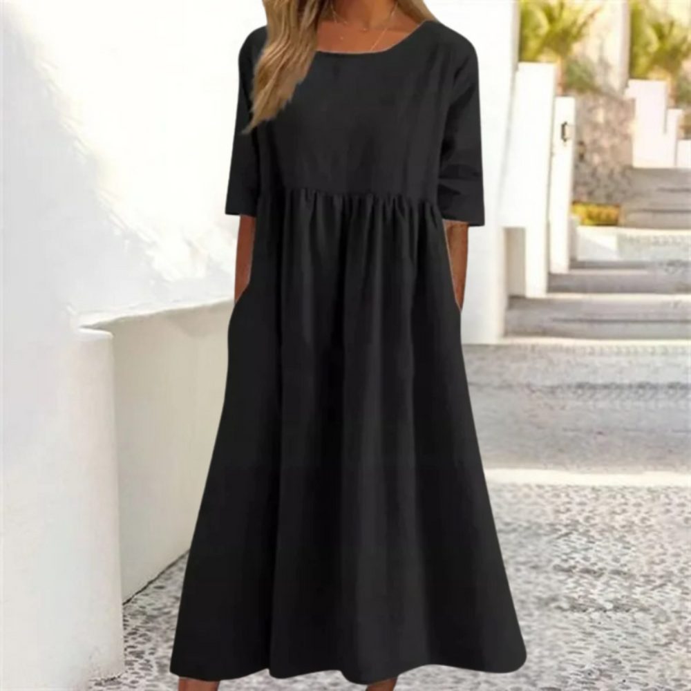Damen Sommerkleid Locker | Midikleid mit Halbarm und Rundhals-Ausschnitt