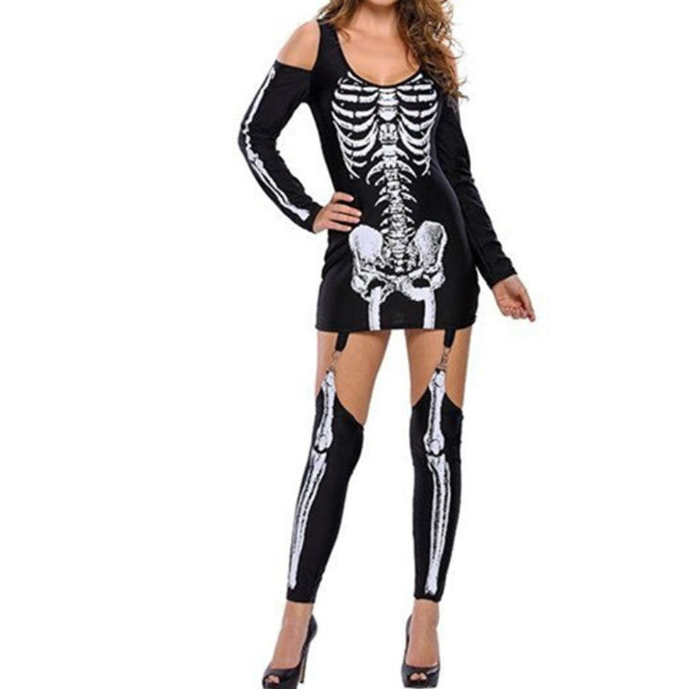 Damen Halloween-Kostüm Set mit Skelett-Print | Schulterfrei & Leggings