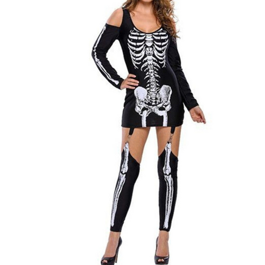 Damen Halloween-Kostüm Set mit Skelett-Print | Schulterfrei & Leggings