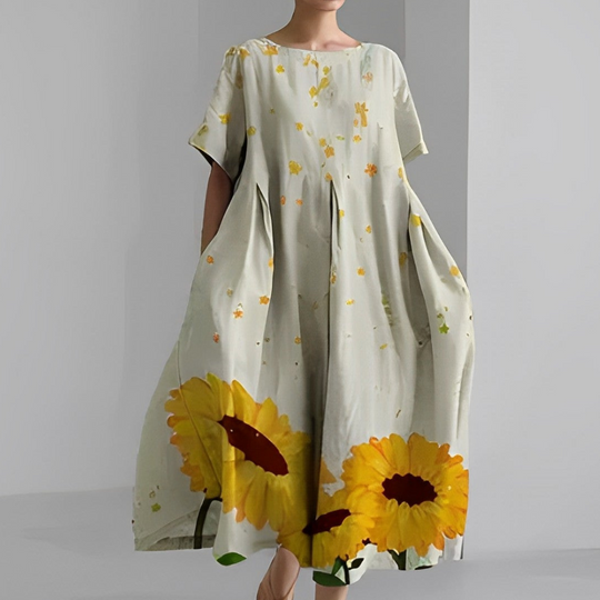 Damen Weit Geschnitten Maxikleid | Kleid mit Bunter Blumen-Print und Kurzarm