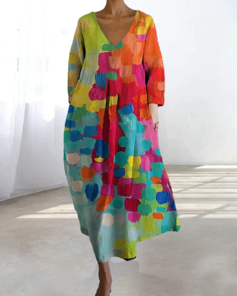 Damen Maxikleid mit V-Ausschnitt | Buntes Freizeitkleid mit 3/4 Ärmeln