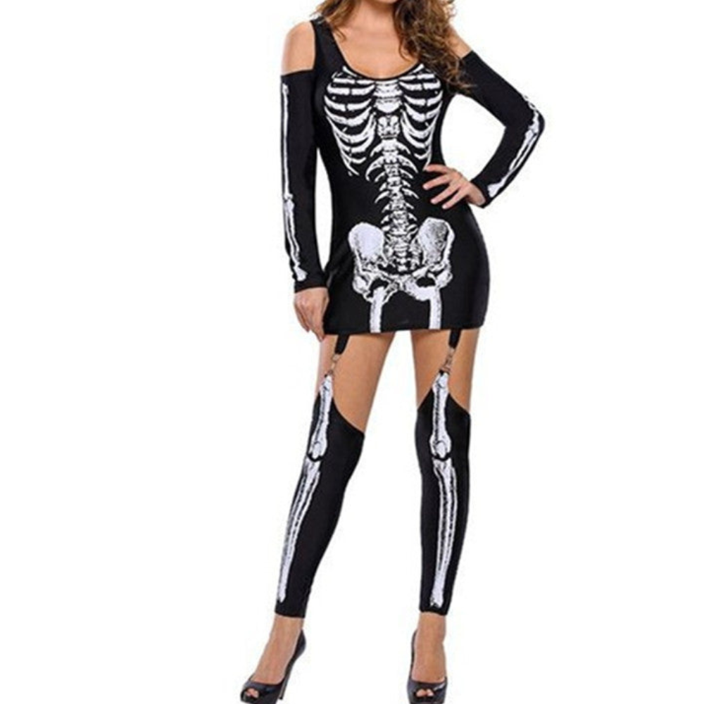 Damen Halloween-Kostüm Set mit Skelett-Print | Schulterfrei & Leggings