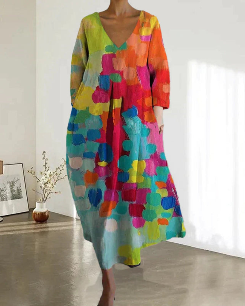 Damen Maxikleid mit V-Ausschnitt | Buntes Freizeitkleid mit 3/4 Ärmeln
