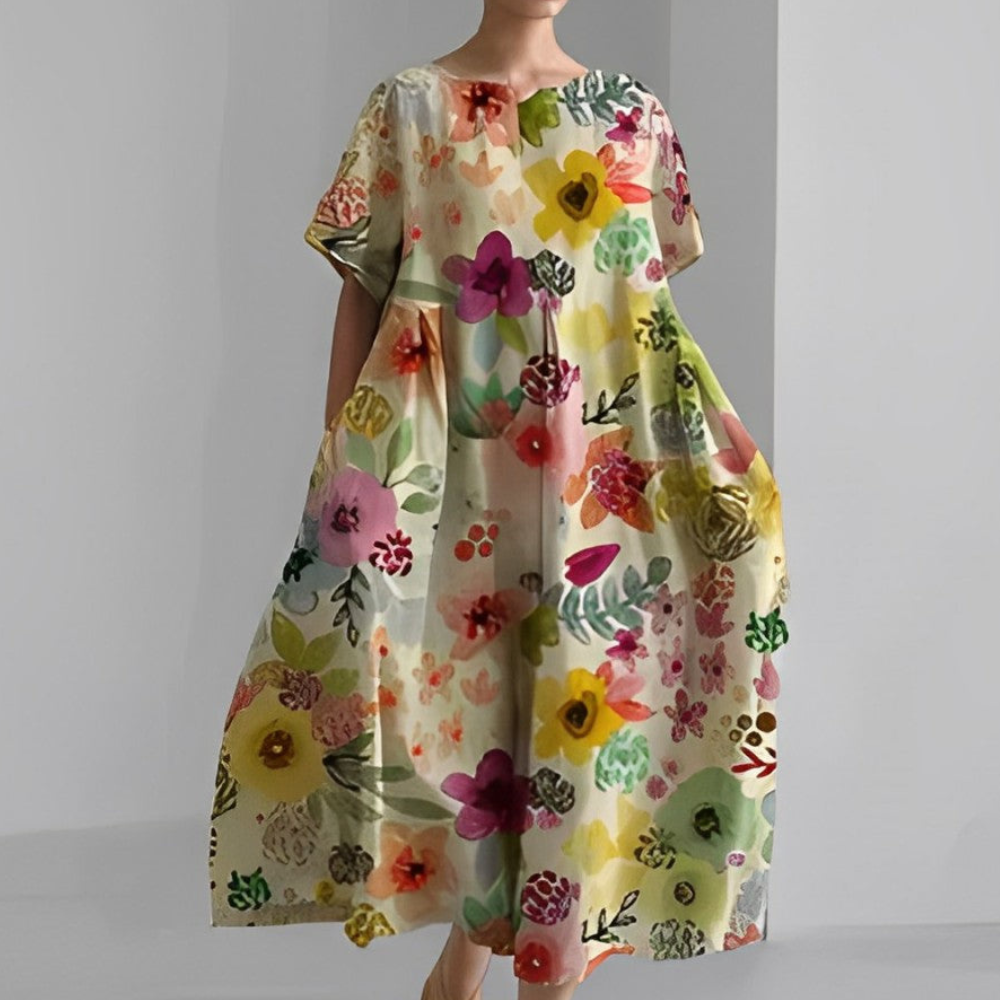 Damen Weit Geschnitten Maxikleid | Kleid mit Bunter Blumen-Print und Kurzarm
