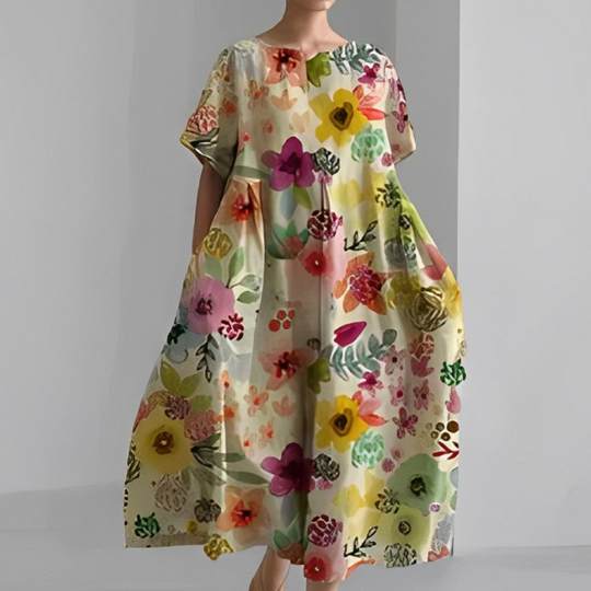 Damen Weit Geschnitten Maxikleid | Kleid mit Bunter Blumen-Print und Kurzarm