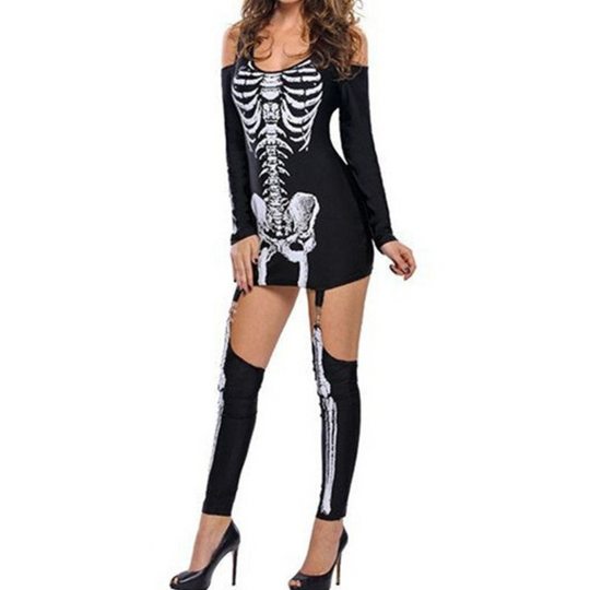 Damen Halloween-Kostüm Set mit Skelett-Print | Schulterfrei & Leggings